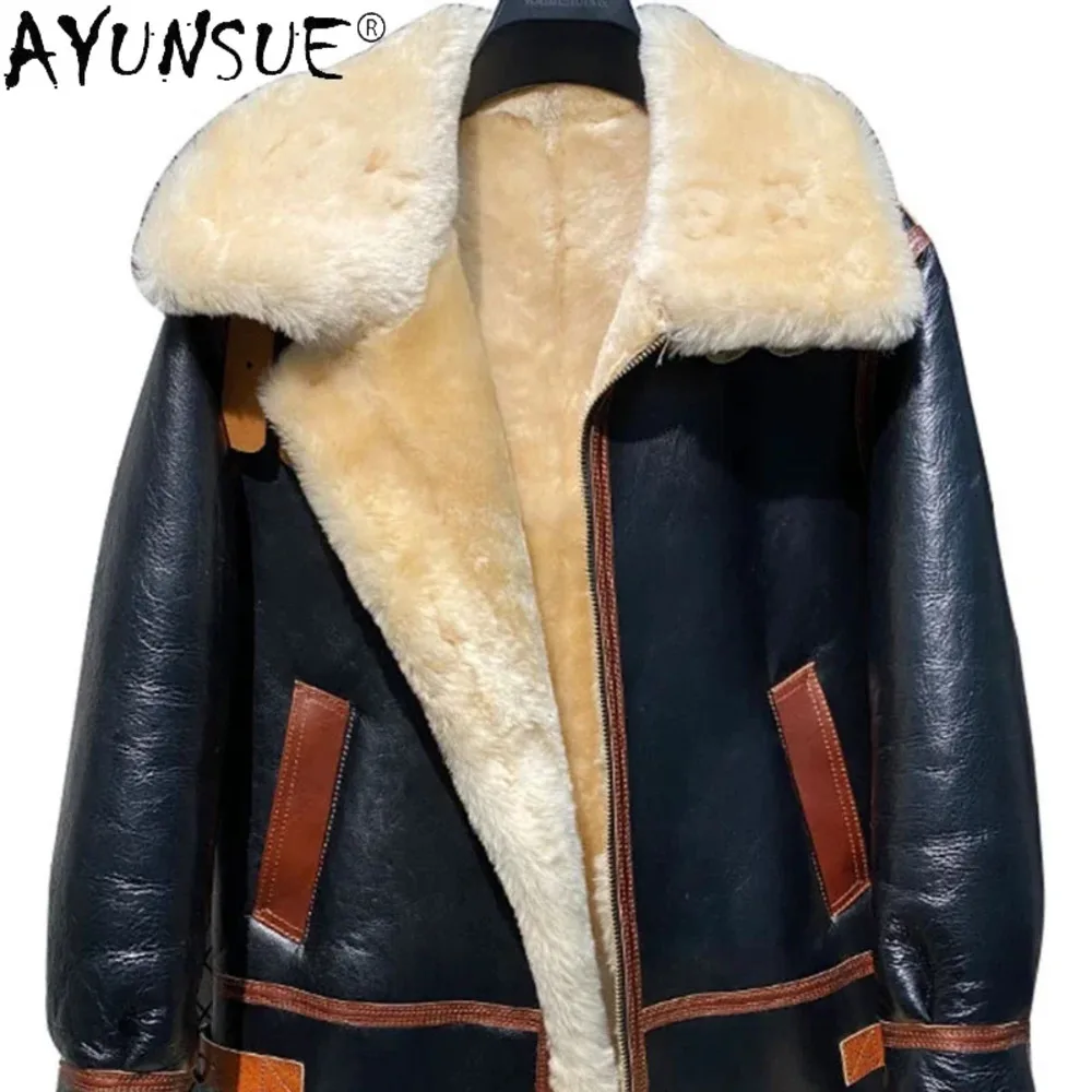 Ultra-thick AYUNSUE Coat Men Original Sheepskin Fur One-piece Real Jacket Men's Leather Flight Suit Winter Jaqueta