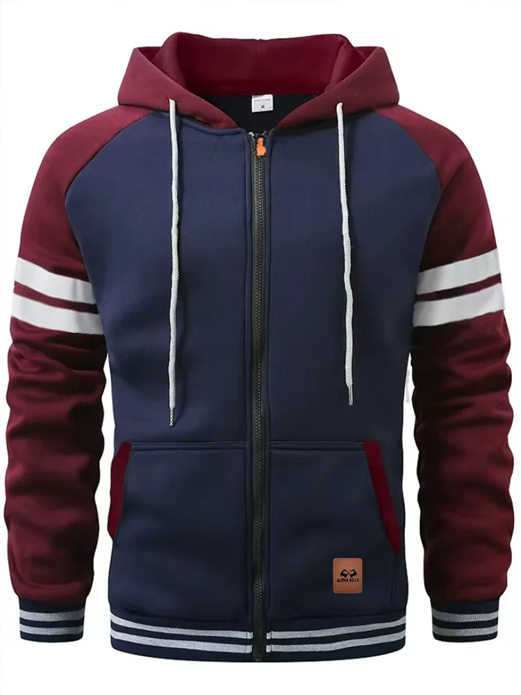 

Men's autumn and winter American retro hooded cardigan hoodie, high-quality striped and color-blocked knitted jacket top