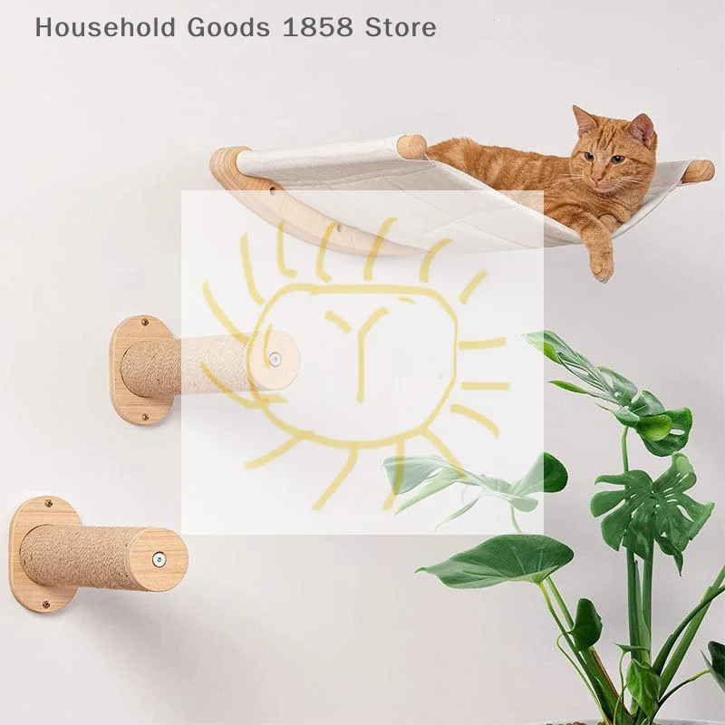 Cat Shelf Wall Hammock Climbing Shelves Solid Wood Steps Sisal Rope Cat Stairs Pet Furniture Activity Indoor Cats Wall Furniture