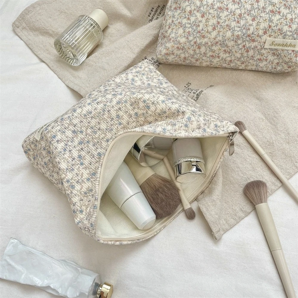 Cute Floral Corduroy Cosmetic Organizer Large Capacity Portable Makeup Storage Bag