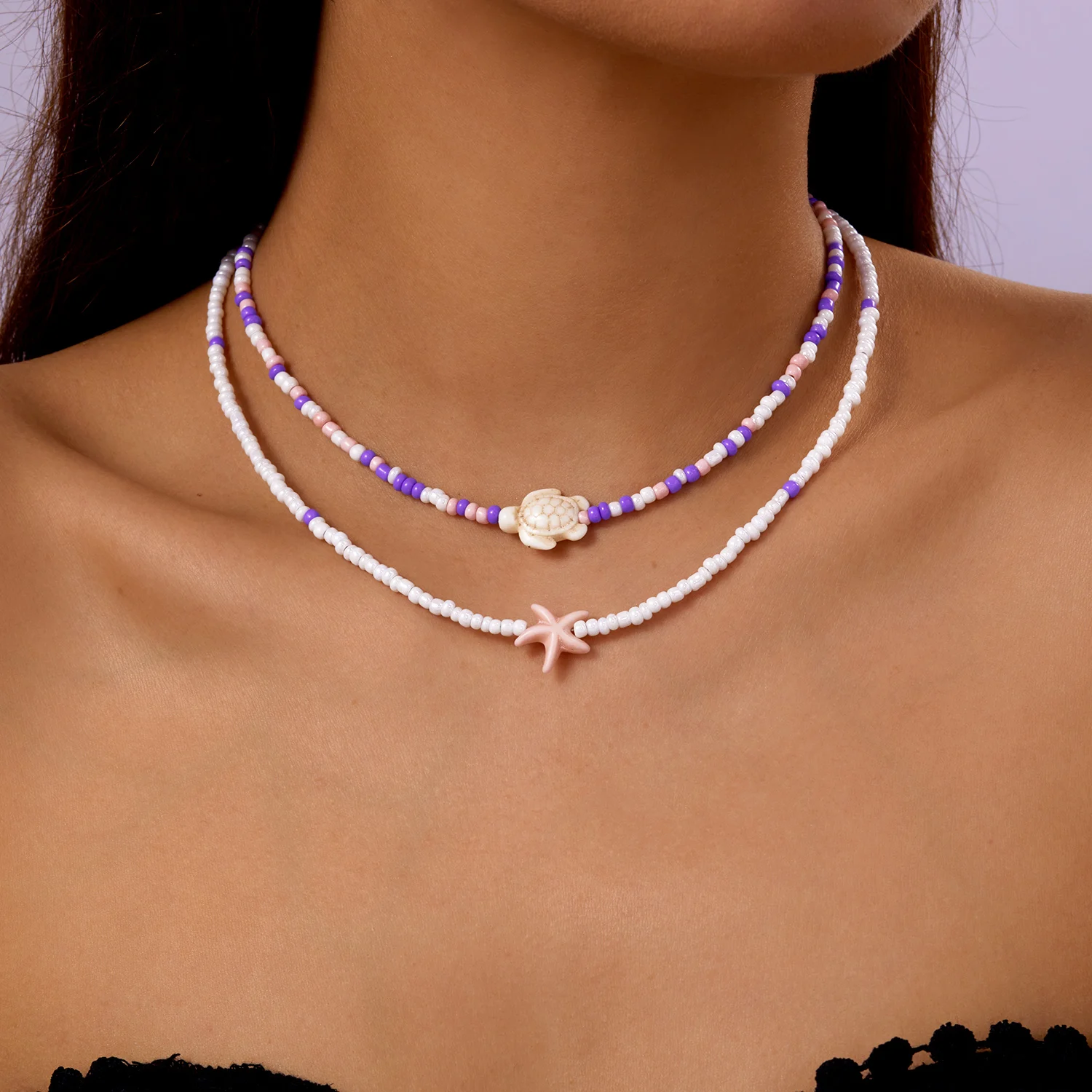 Bohemian Doppel Reis Perle Kette Schlüsselbein Halskette für Frauen Acryl Schildkröte Seestern Anhänger Halsband Sommer Strand Mode Schmuck – Detail 6