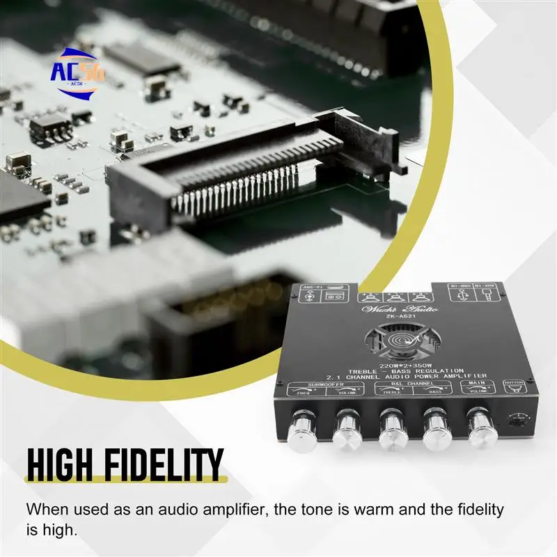 

AC56-ZK-AS21 Digital Bluetooth Audio Amplifier Board Subwoofer 220Wx2+350W 2.1Channel TPA3255 Audio Power Amplifier Module