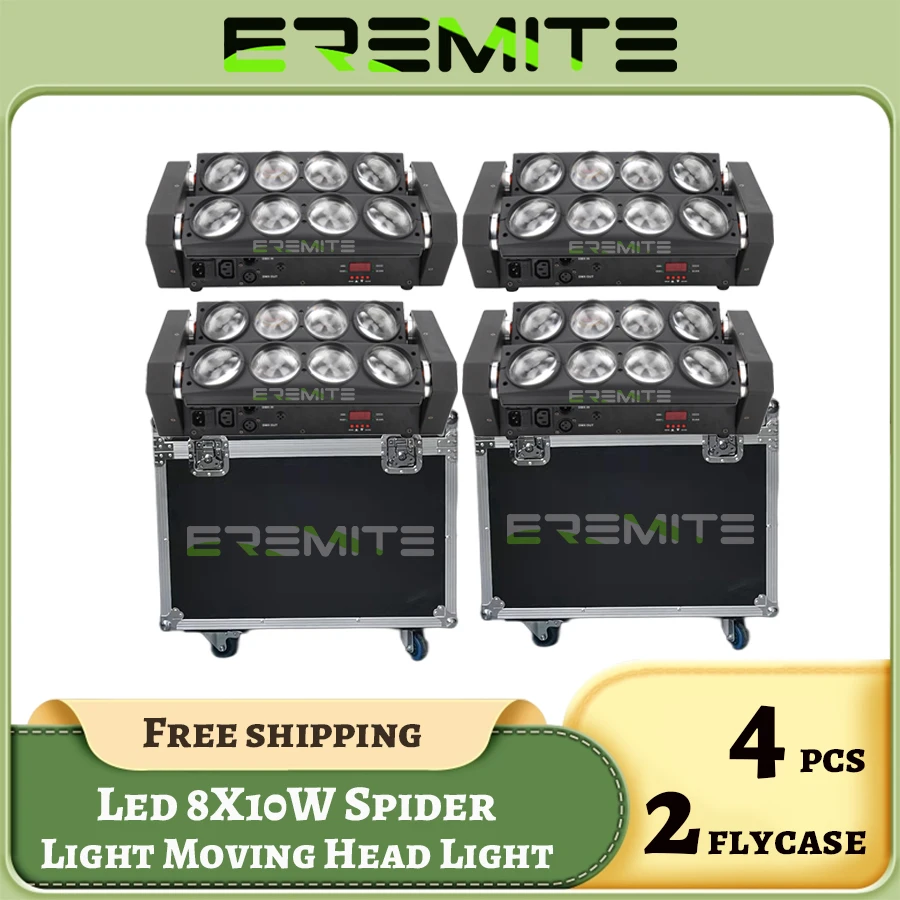 

0 Tax 4Pcs 8x10W Led Spider Light Sound Mode LED Moving Head Lights With 2 Flycases led Beam Stage Dj RGBW DMX512 Lighting