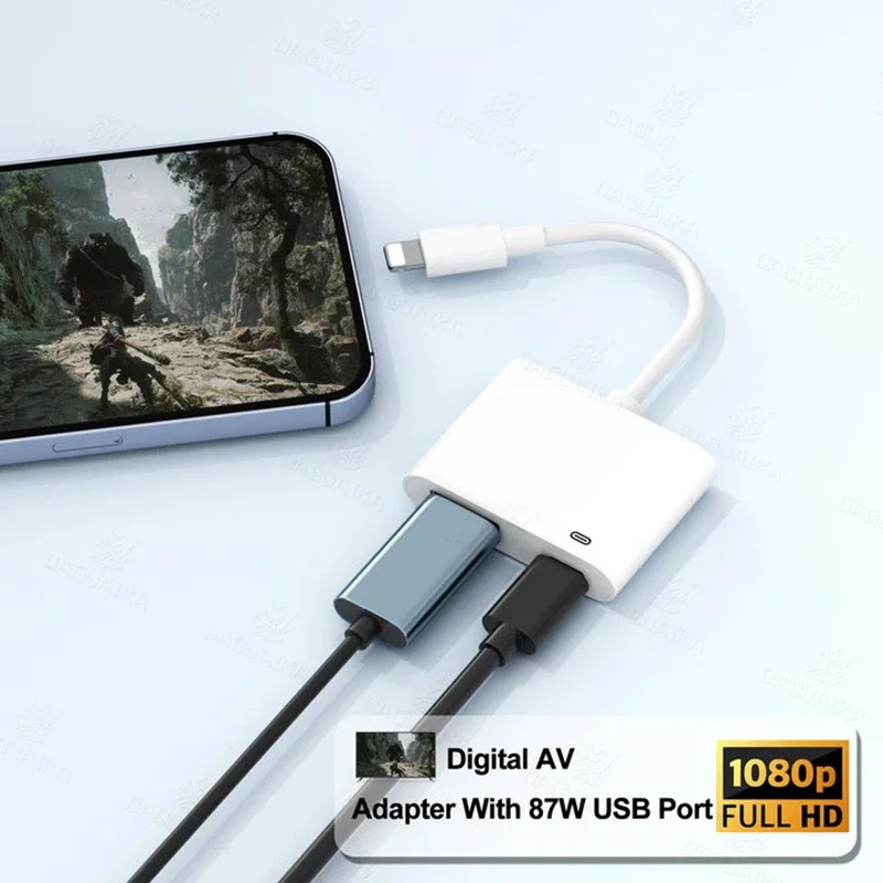 1080P Screen Converter Phone to HDMI-Compatible Adapter for iPhone 14/13/12/11/XR/X/8/7/SE/iPad to HDTV Monitor Projector