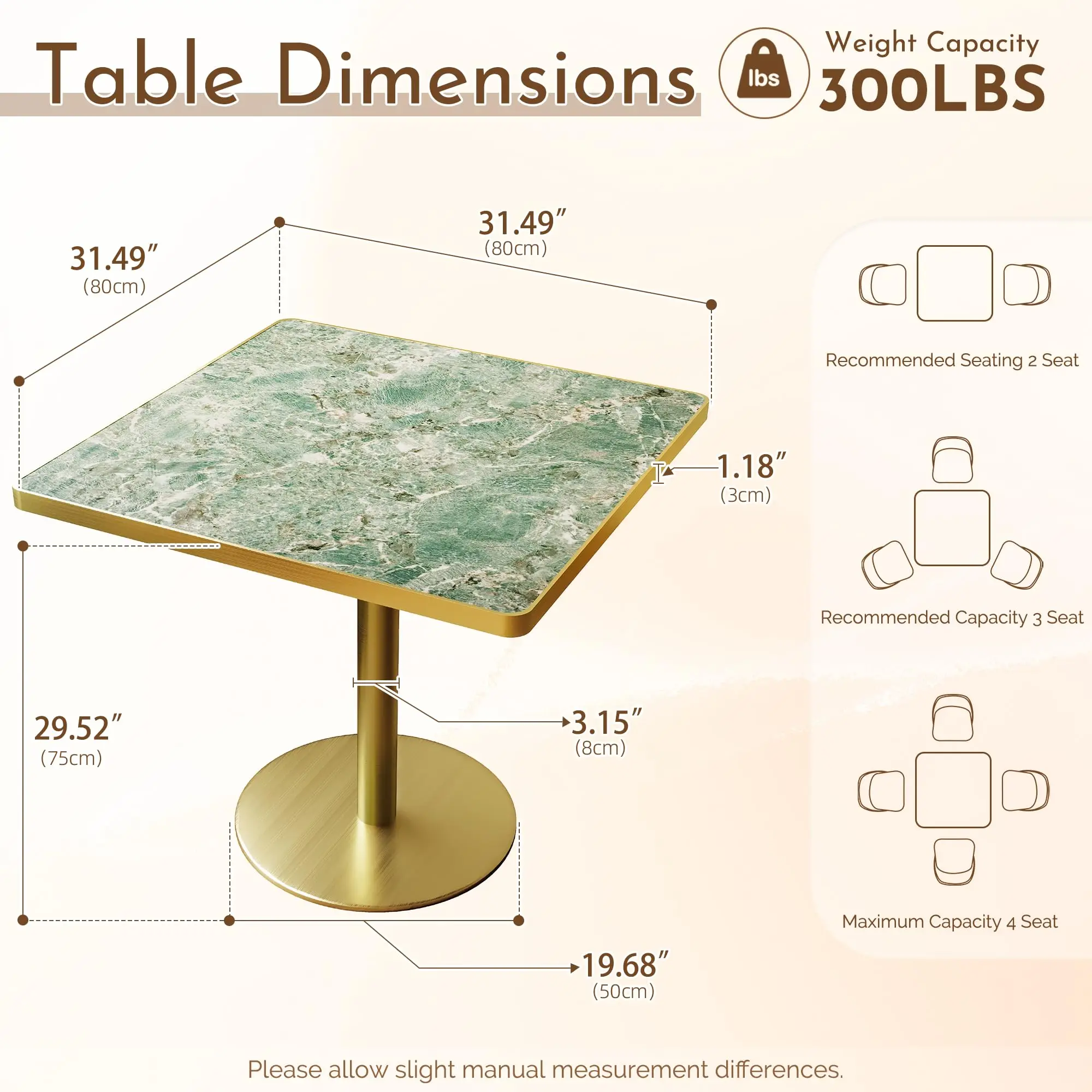 31.5 Inch Square Tulip Table with Thickened Sintered Stone Tabletop & Golden Metal Pedestal, Small Dining Table Bistro