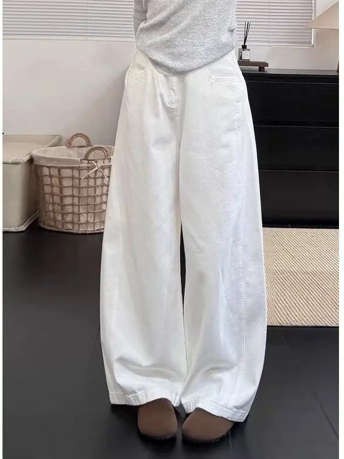 High Waist Wide Leg American Retro White Knife  Jeans Women Loose Straight Loose Draping Floor-Length Pants