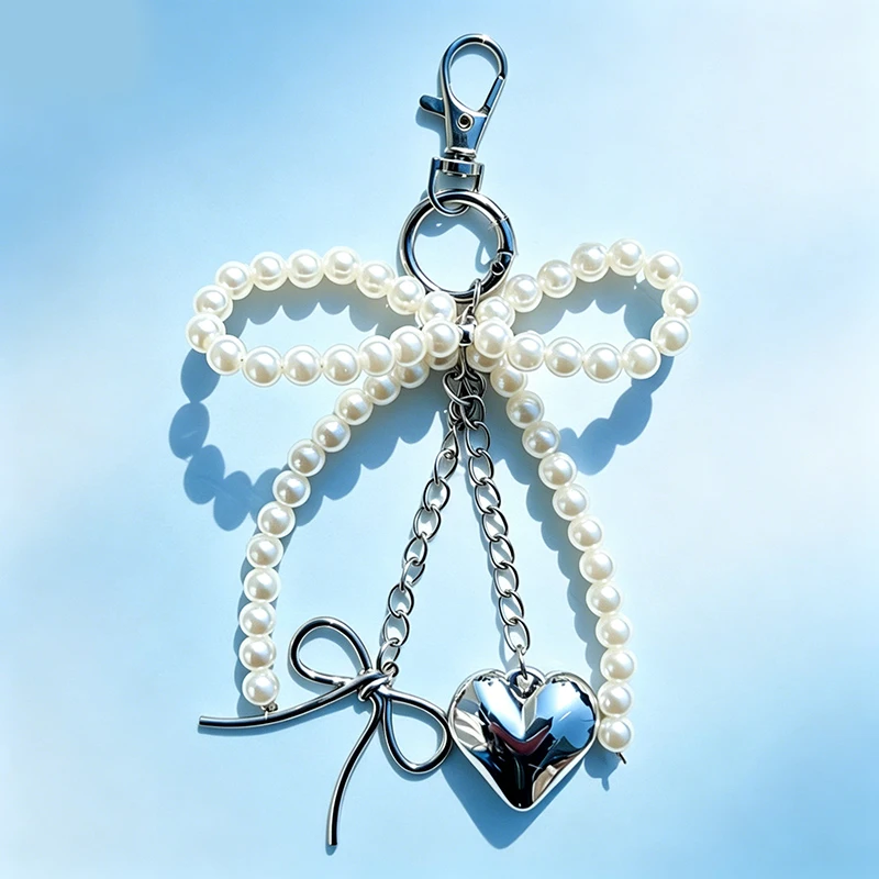 Bowknot Heart Keychain Women Sweet Charm White Pearl Bow Backpack Key Ring Jewelry Bags Pendants Decoration Gifts