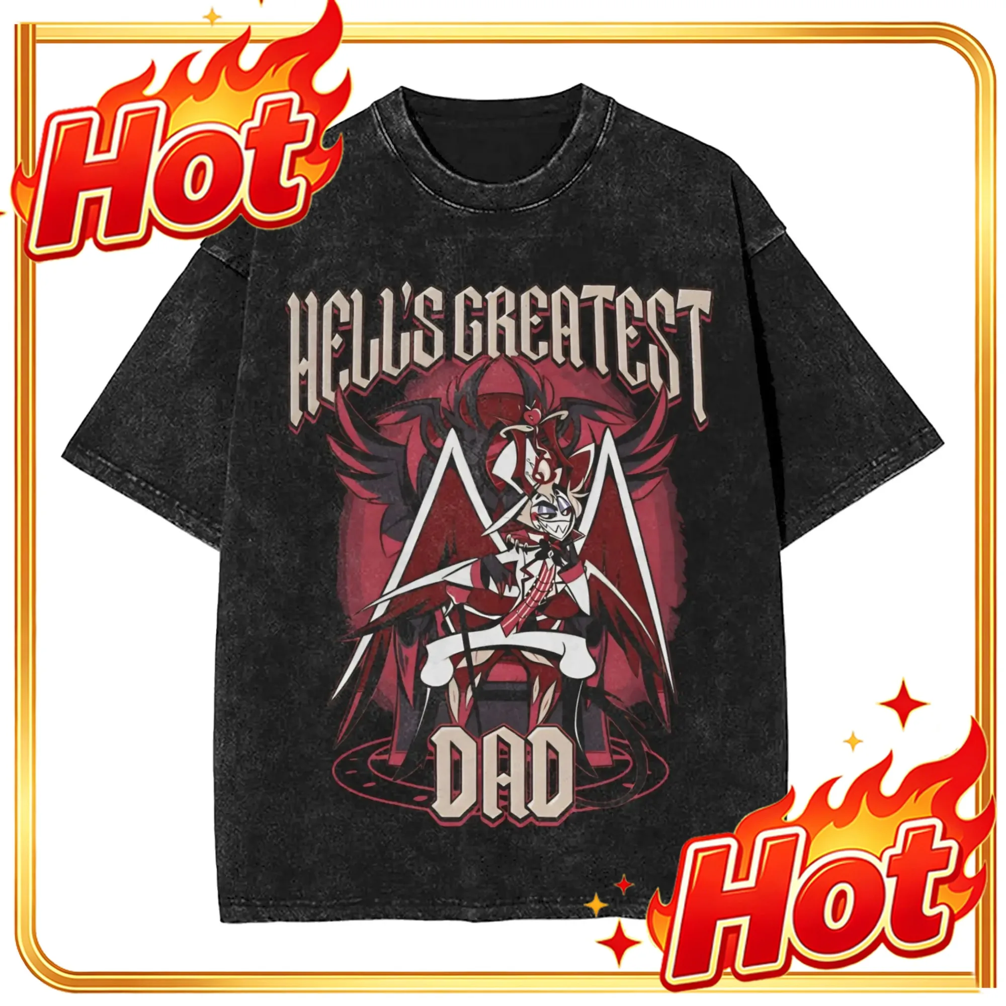 Custom Top Anime Hazbin Hotel Lucifer Morningstar Manga Graphic Print Tshirt Men Women Summer Vintage Washed O-neck Cotton Tee