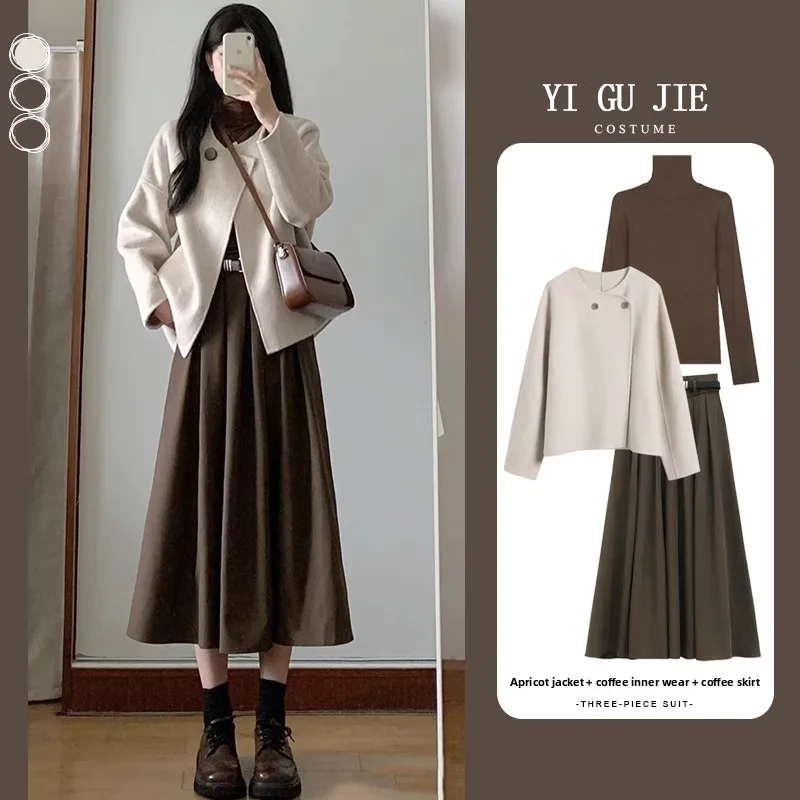 

Korean Sle Autumn Winter Women's Faion Set High End Sensation Small Fraance Wind Coat Base irt f Skirt Tee Piece...