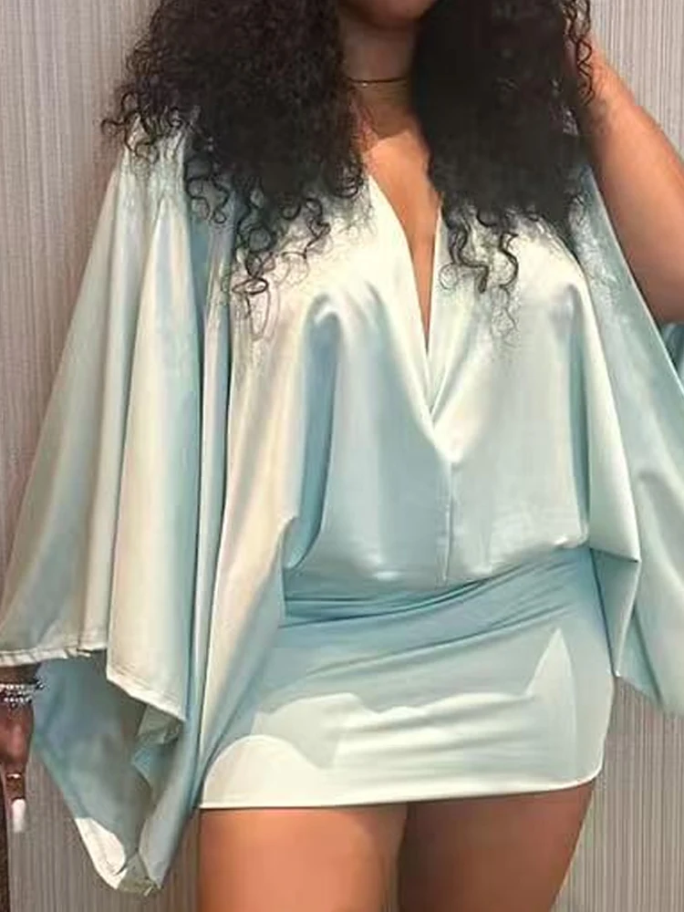 فستان نسائي كاجوال بأكمام تشبه جناح الخفّاش بلون سادة فستان قصير أنيق ثنيات من الساتان ملفوف على الورك مثير عميق على شكل حرف v عالي الخصر فستان قصير