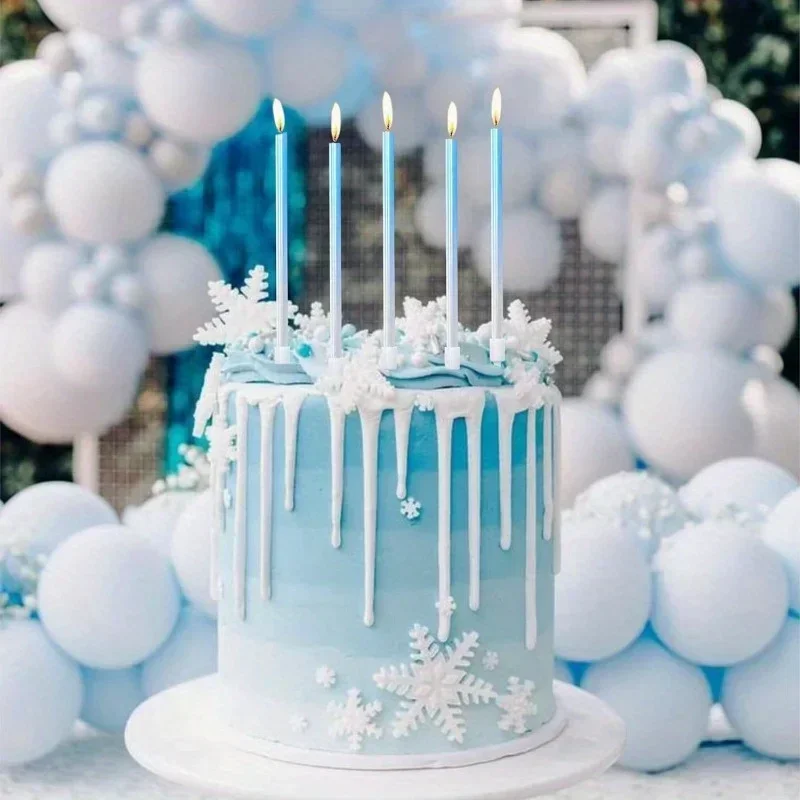 6/24-Count Gradient Blue Birthday Candles, Metallic Cake Candle for Birthday Party, Ice Blue Birthday Cake Cupcake Decorations