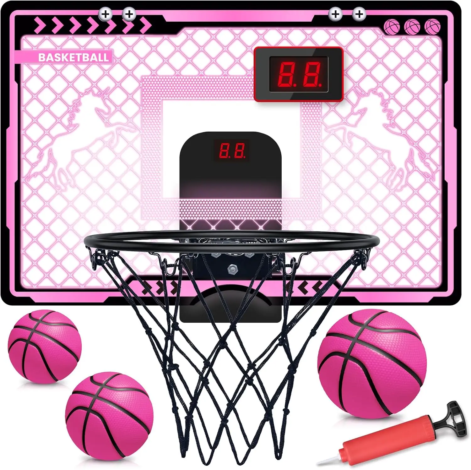

Indoor Mini Basketball Hoop with Electronic Scoreboard, 3 Balls, Pink Unicorn Design for Girls Ages 5-12