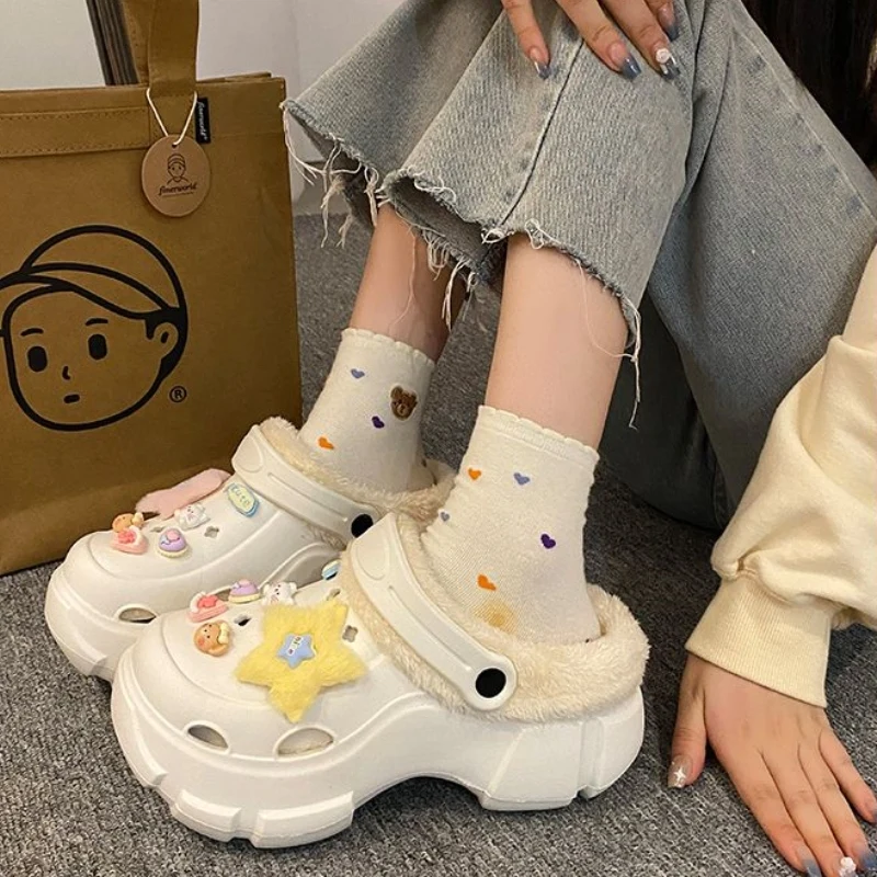 Inverno più pantofole di velluto donna staccabile Indoor peluche zoccoli da donna bianco cartone animato all\'aperto caldo peloso pantofole