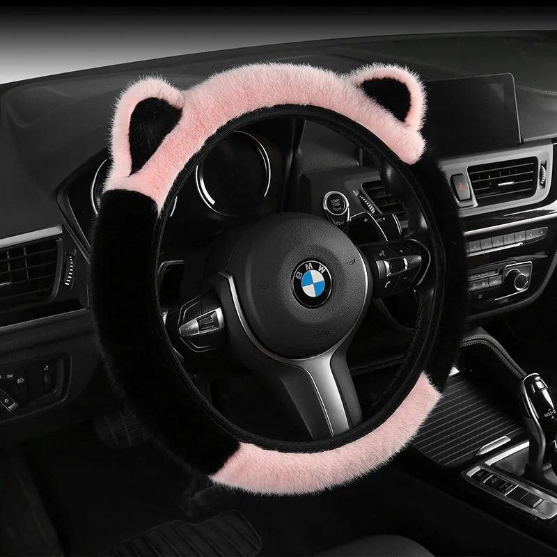 Winter warm steering wheel cover plush non-slip non-linting handle cover ear cold-proof steering wheel cover warm plush handle