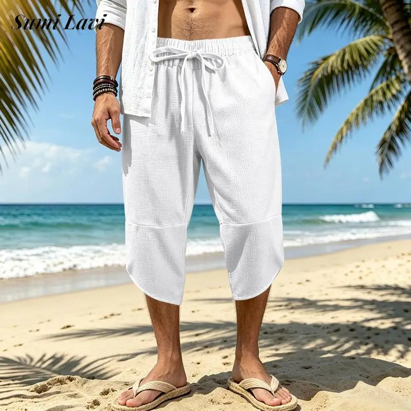 

Vintage Drawstring Loose Waffle Shorts Mens Spring Summer New Casual Pure Color Knee-length Shorts Fashion Men Drawstring Shorts