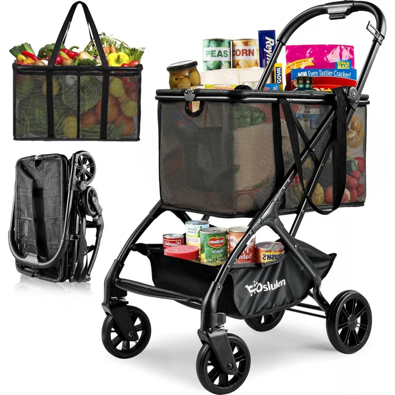 Folding Shopping Cart with Wheels, 75Lbs Collapsible Grocery Cart with Removable Basket&Universal Wheels, One-Click Folding