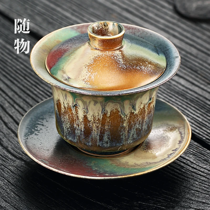 Jingdezhen Chaishao Pure Handmade Cover Large Single Bowl, Sancai Cup, Kung Fu Tea Set, Ceramic, Not Hot To Hand