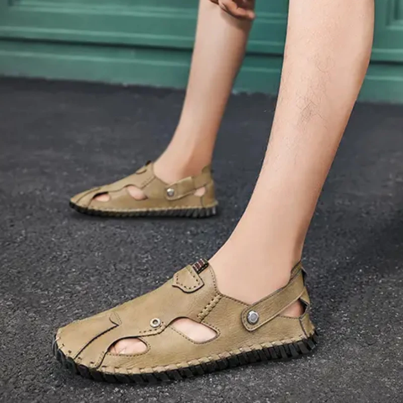 Retro Sewing Men's Sandals Comfortable Solid Color Hollow Slippers Light Weight Large Size Soft Bottom Shoes Sandale Homme image 3