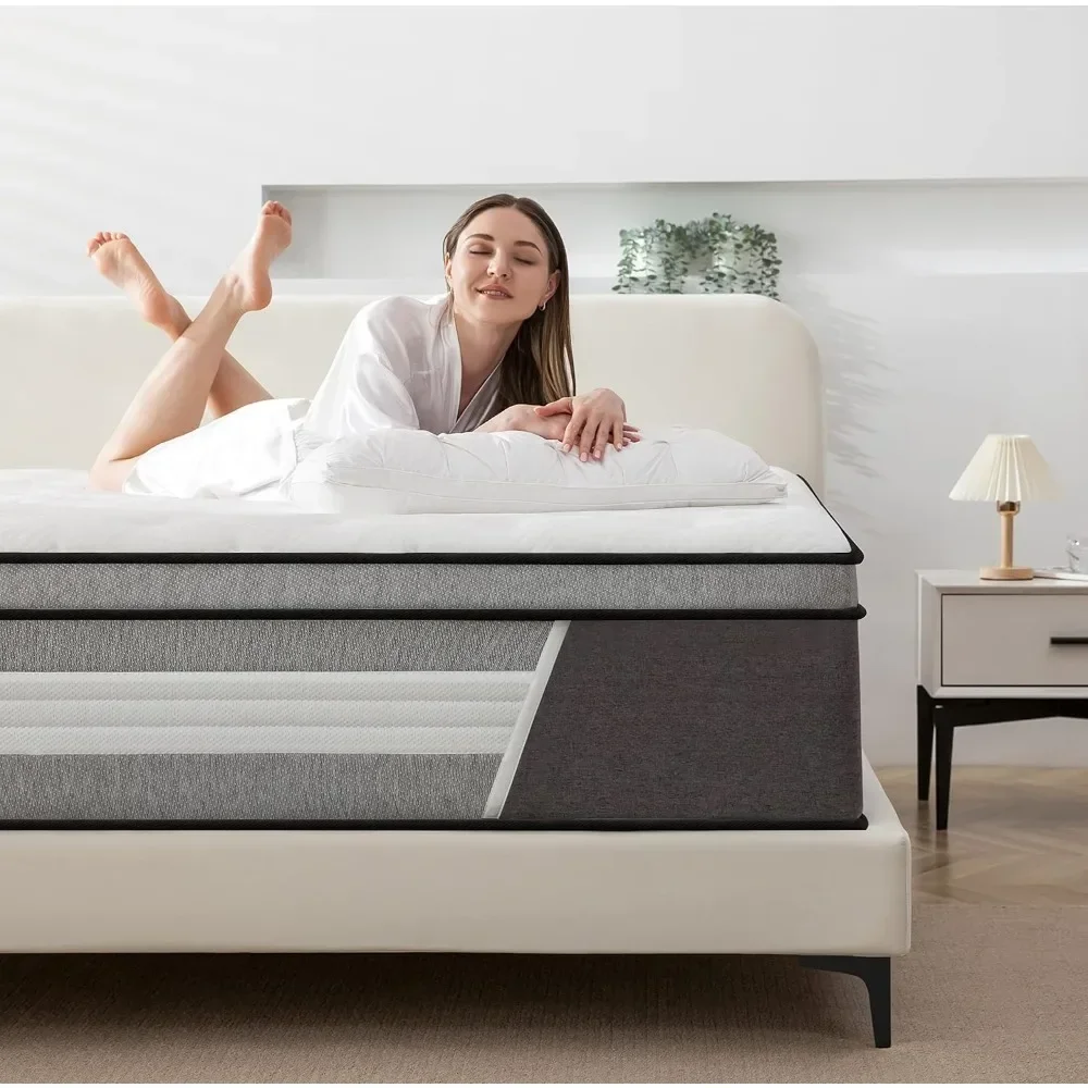 Matelas Hybride à Ressort Nikde 14 Pouces dans une Boîte avec Mousse à Mémoire de Forme, Accessoire à Ressort Enveloppé