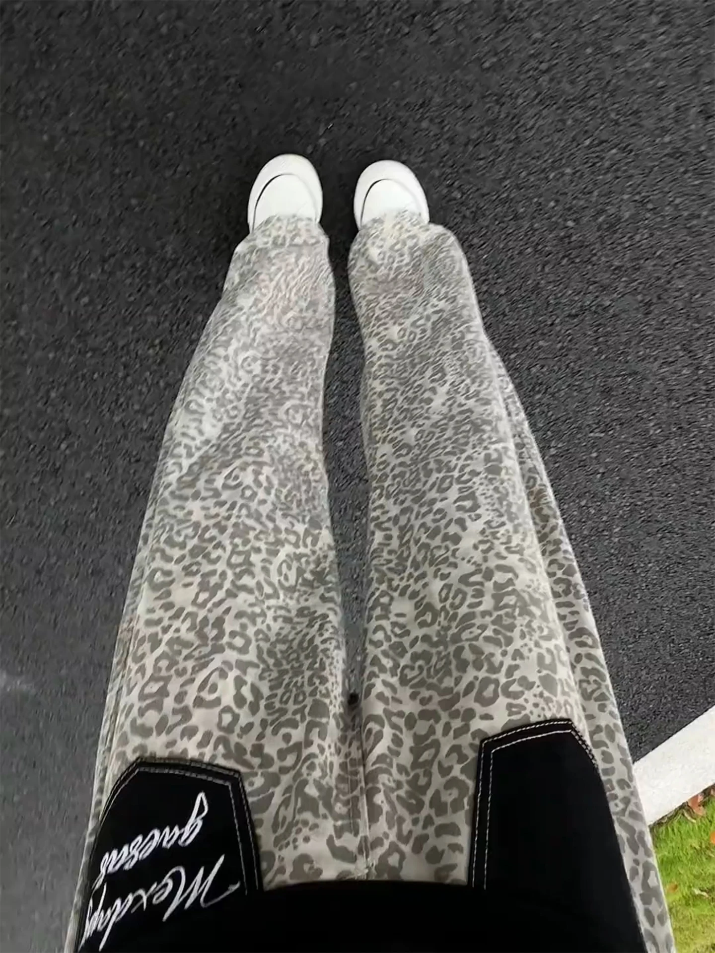 American Style Leopard Print Patchwork Wide Leg Jeans Men's Casual High Street Loose Fit Straight Tube Denim Pants