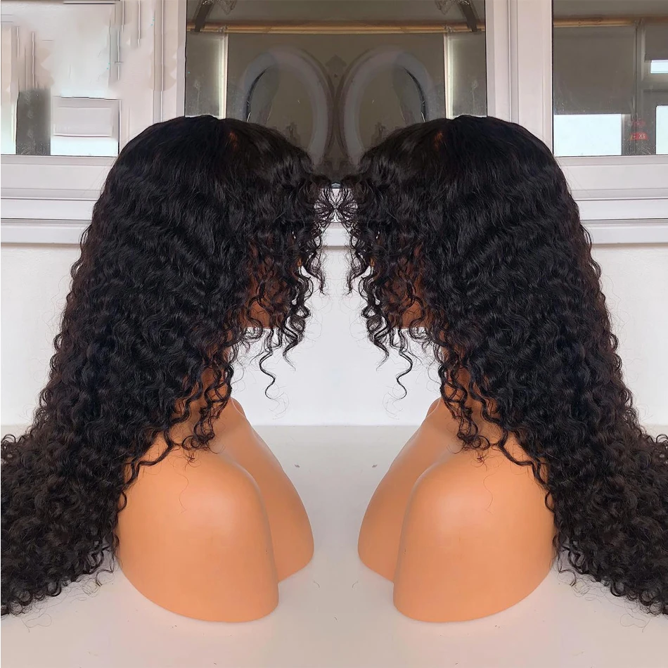 Glueless Natural Black 24Inch Soft Long 180Density Kinky Curly Machine Wig For Women With Bangs Baby Hair Preplucked Natural