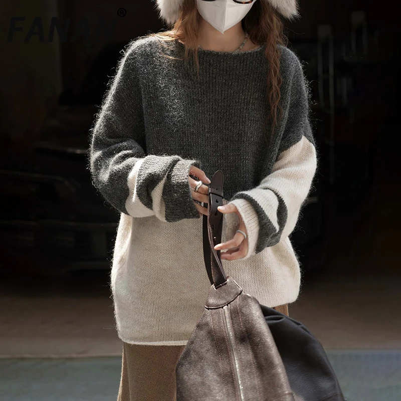 

FANAN полосатый шерстяной вязаный свитер контрастного цвета для женщин, повседневные свободные топы с круглым вырезом и длинными рукавами, мода 202, осень, новинка