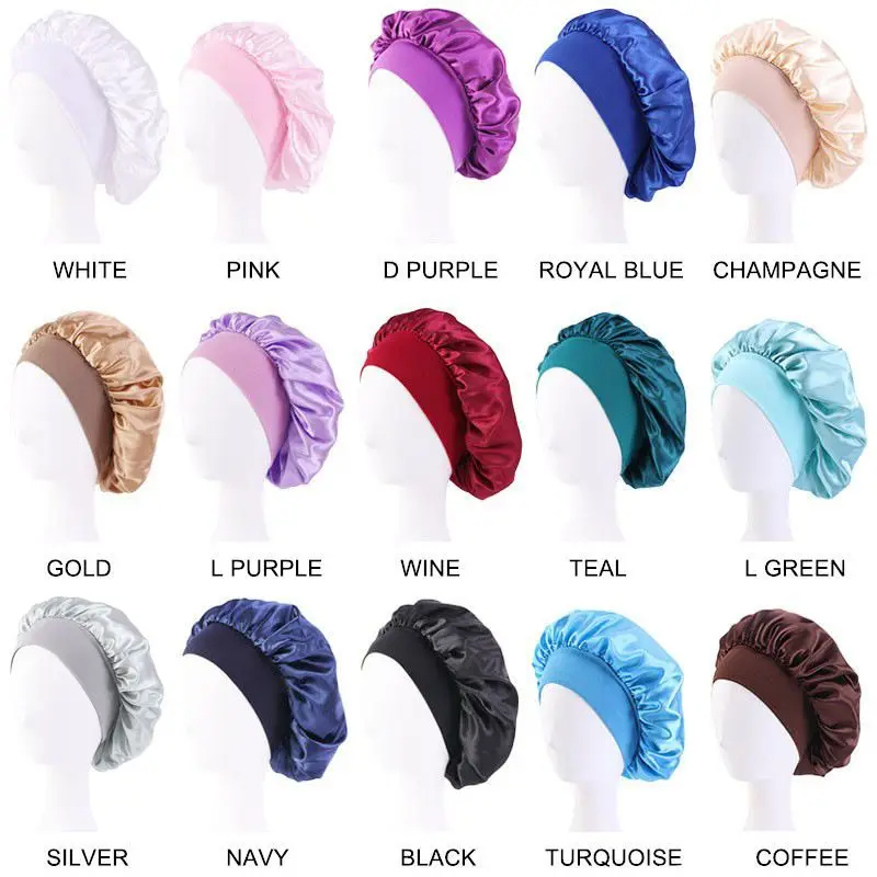 Nowa damska satynowa czapka do spania z szerokim rondem Unisex Head Wrap Elastic Band Cap Hair Care Bonnet Night Hat bonnet de nuit