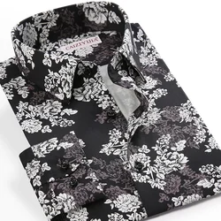 Men's Casual Printed Cotton Shirts Big Flower Print No Pocket Comfortable Long Sleeve Standard-fit Turn-down Collar Shirt