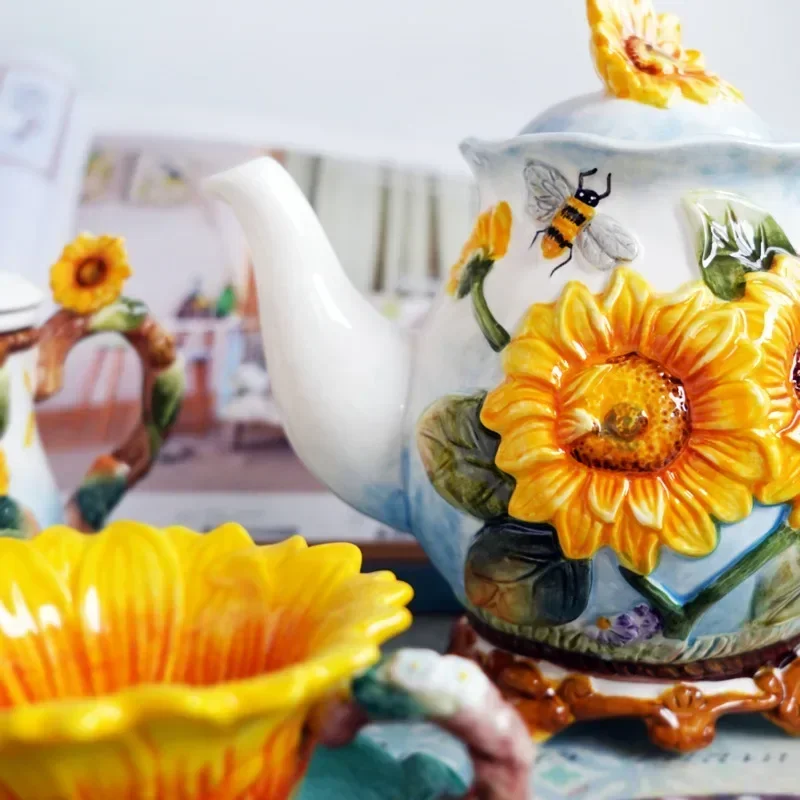 Creative Sunflower Ceramic Tea Set Exquisite Hand-painted Coffee Cup Kitchenware Gift Tea Cup Home High Appearance Level Teapot