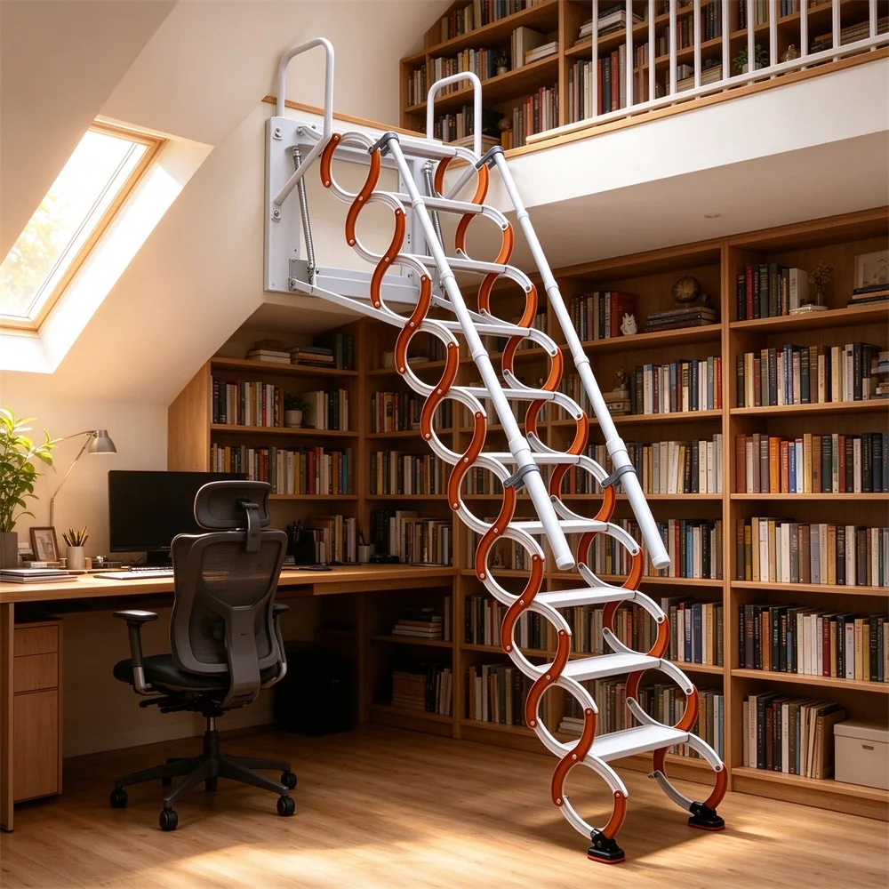 High Strength Anti Slip Wall Mount Carbon Steel Telescopic Modern Extension Ladders Loft Stair Pull Attic Ladder 300kg Load