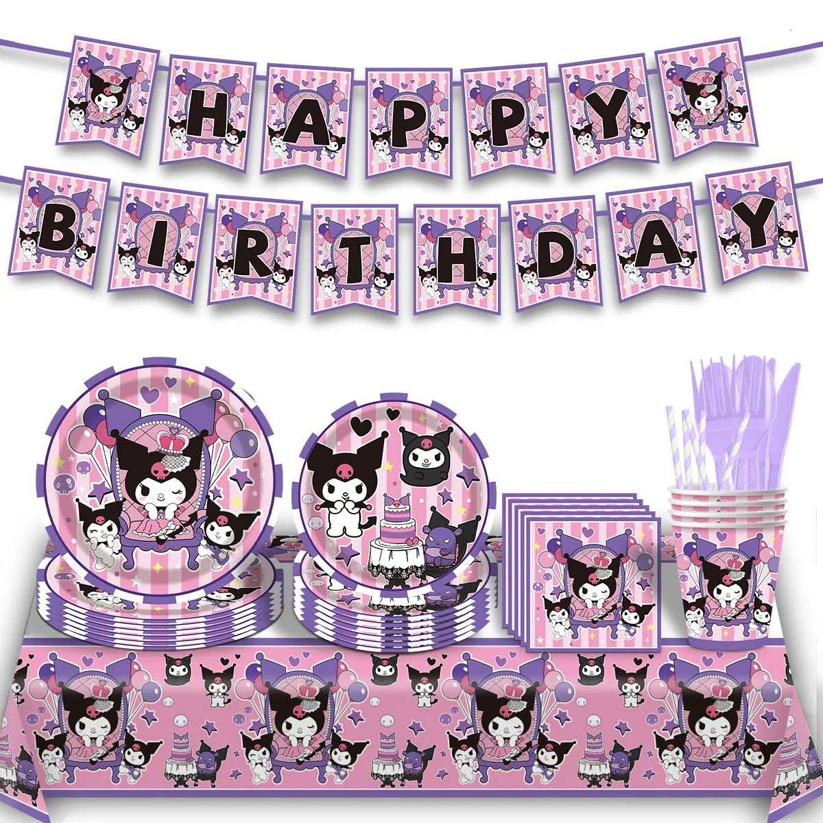 Kuromi Sanrio Set di stoviglie usa e getta Forniture per feste di compleanno Banner Coltello e forchetta Piatto Asciugamani di carta Decorazione festiva viola