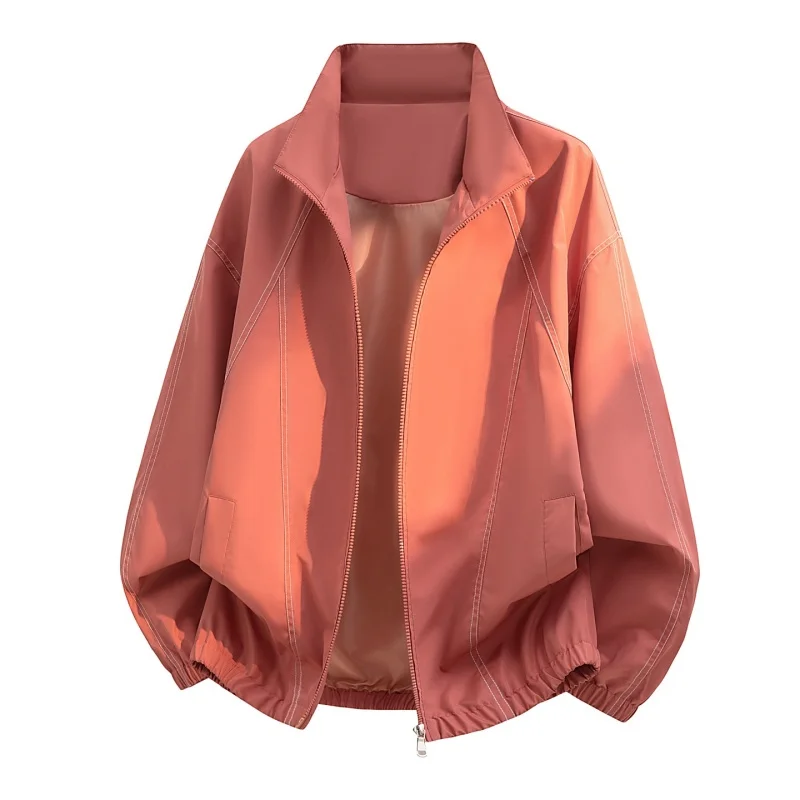 Women Stand Collar Jacket Multi Color Casual Loose Windbreaker Spring Autumn Thin Outerwear Fashion Pocket Zipper Coat Daily Com