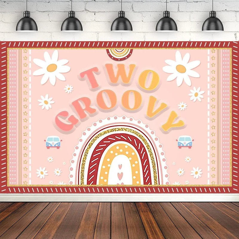

Photography BackdropTwo Groovy Hippie Boho Banner For Baby Girls 2nd Birthday Party Background Decorations Wall Poster