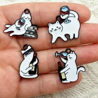 10pcs Cat Charm for Jewelry Making Enamel Necklace Pendant Diy Accessories Zinc Alloy Black Plated