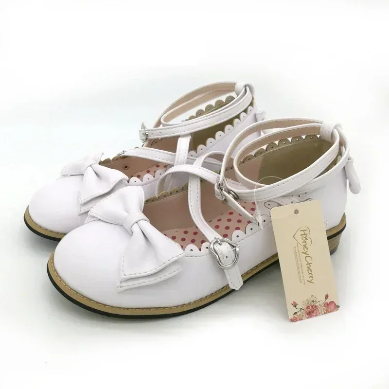 Lolita Shoes Women Flats Low Round With Cross Straps Bow Cute Girls Princess Tea Party Shoes Students Lovely Shoes Rozmiar 34-41