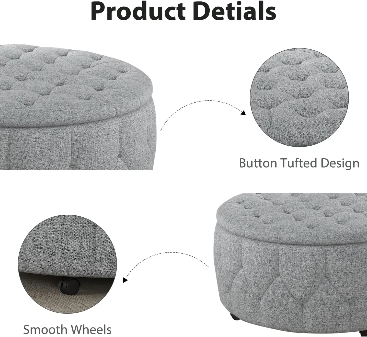 36" Wide Storage Ottoman Large with 4 Wheels,Tufted Round Rolling Ottoman with Removable Lid, Coffee Table Seat Inside