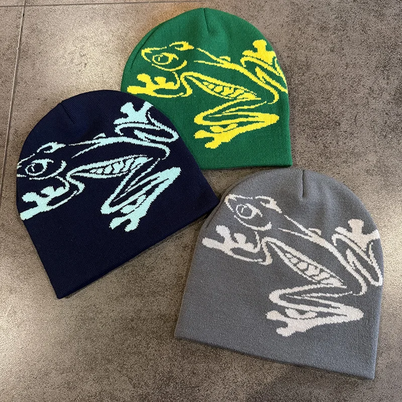 Frosch-Muster Jacquard-Mützen für Damen und Herren Frühling Herbst Winter Wärmehaltend Kaltwetter Gorras Hip-Hop Strickmütze Ski Winddichte Mütze – Detail 3