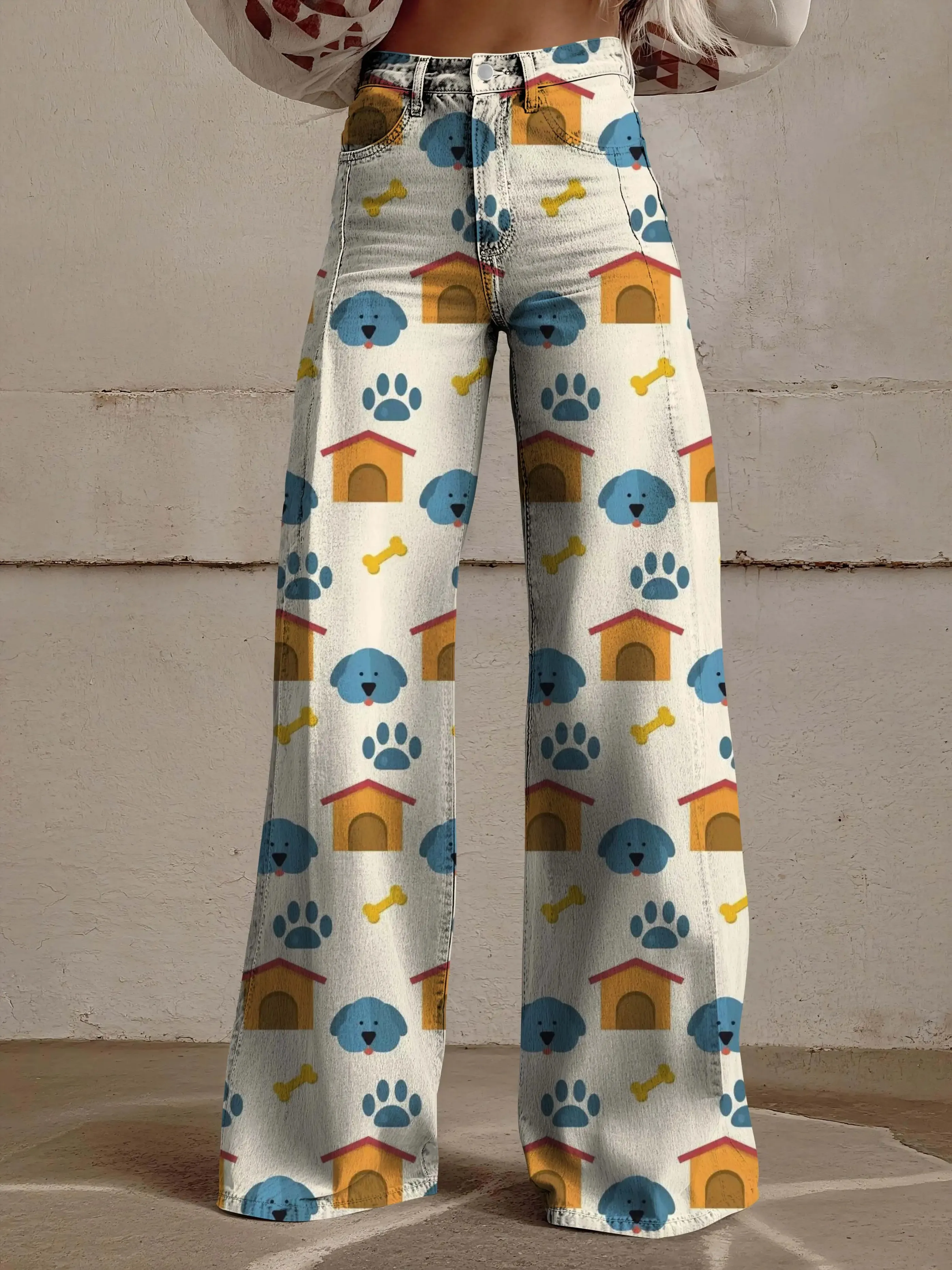 Fashionable and casual leopard print loose flared imitation jeans, comfortable and slimming women's pants for all seasons