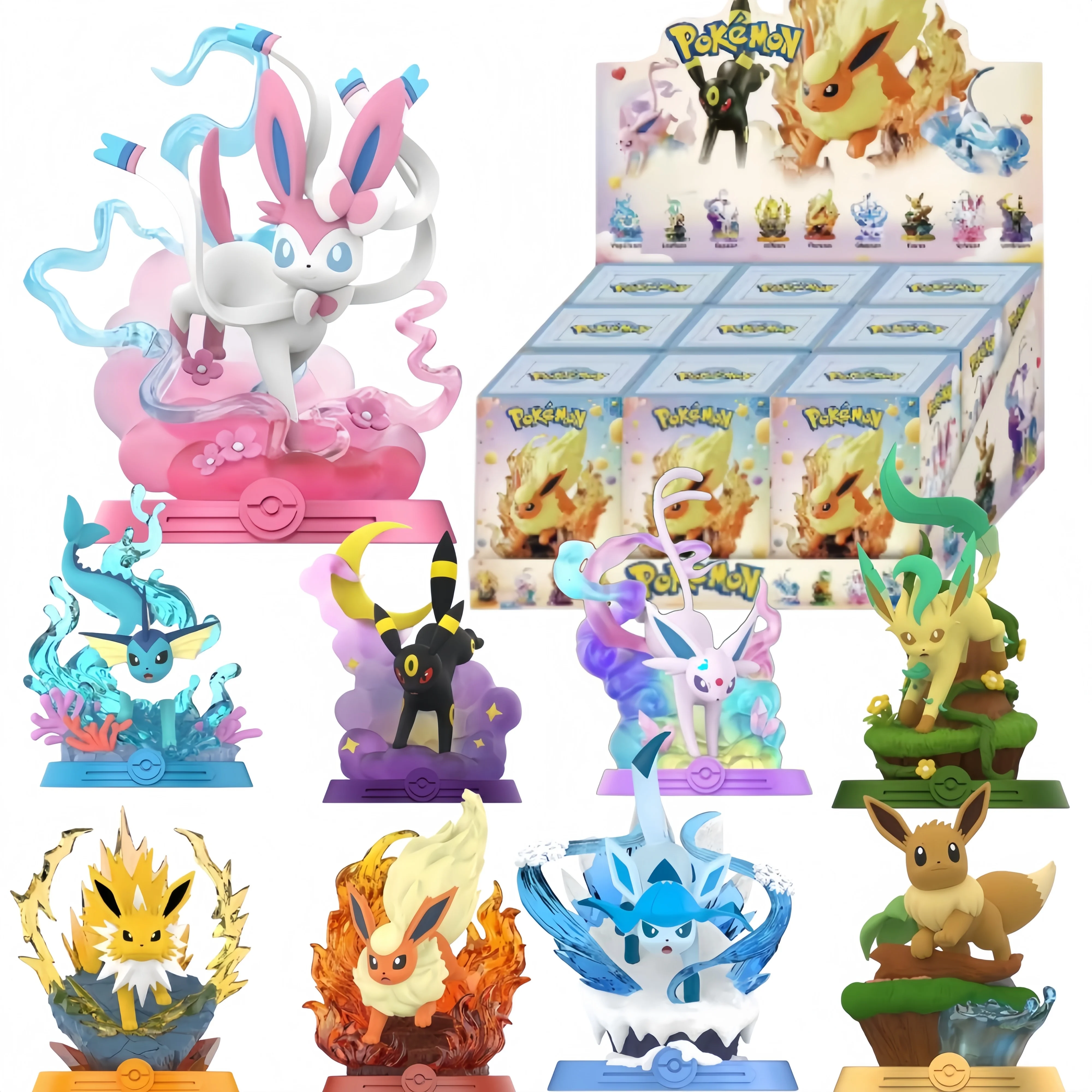 Funism Pokemon Eeveelution Sammelfigur Eevee-Familienszene Figur PVC-Charaktermodell Desktop-Ornament Anime-Fan-Geschenk