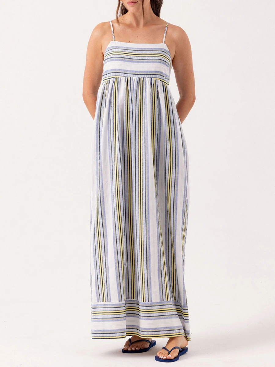 Women Striped Print Long Dress Summer Spaghetti Strap Sleeveless Square Neck Backless Smocked Beach Dresses with Pockets Daily