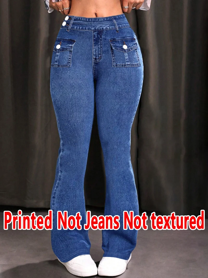 2062 [Printed Pants - Not Faux Denim Fabric]2D Printed Faux Effect, Printed Flared Trousers - Non-Faux Denim Fabric,