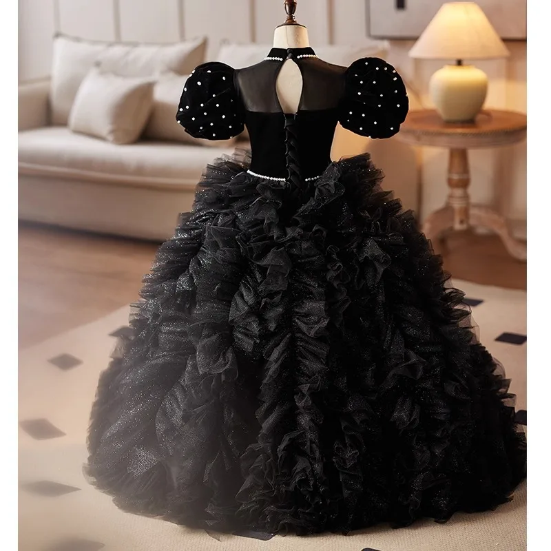 High-End New Girls Elegant Princess Dress Pearls Backless Design Kids Perform Wedding Birthday Party Evening Gown A4742 Vestidos