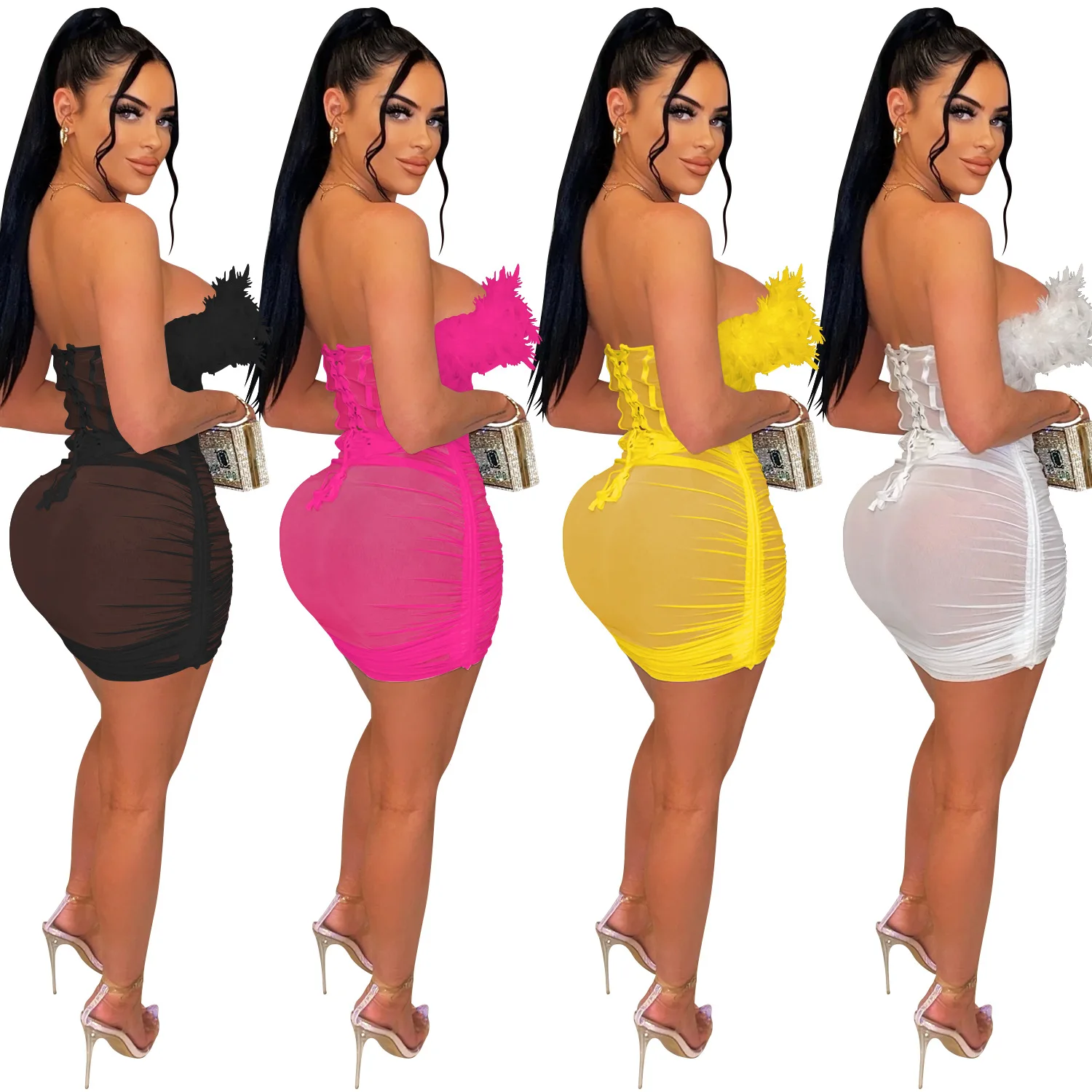 Personalizado feminino adulto dança do ventre moda outfit sexy malha ver através de penas rendas colete saia plissada traje de dança exótica