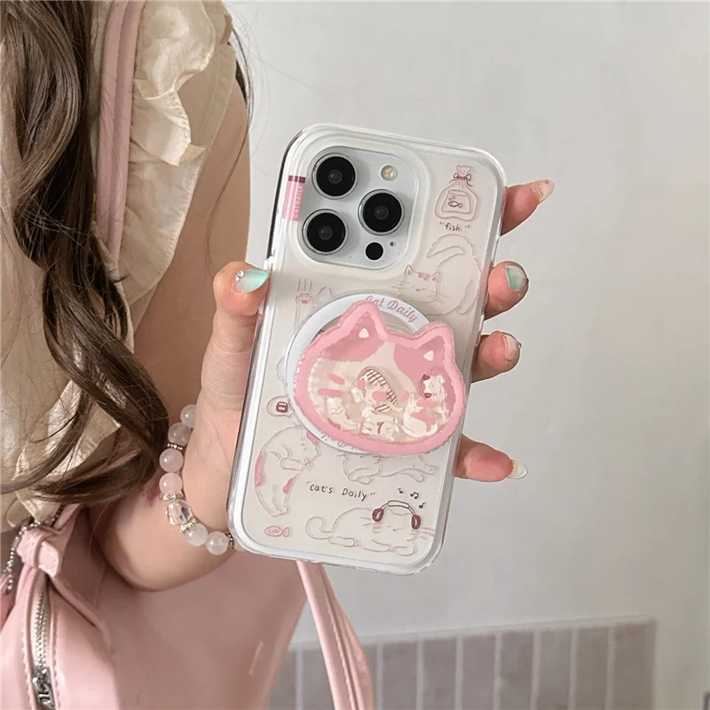 

Магнитный чехол для телефона Kawaii с мультяшным котом для iPhone 16 Pro 15 13 14 Pro Max 17, чехол с подставкой Magsafe, чехлы Girp 17