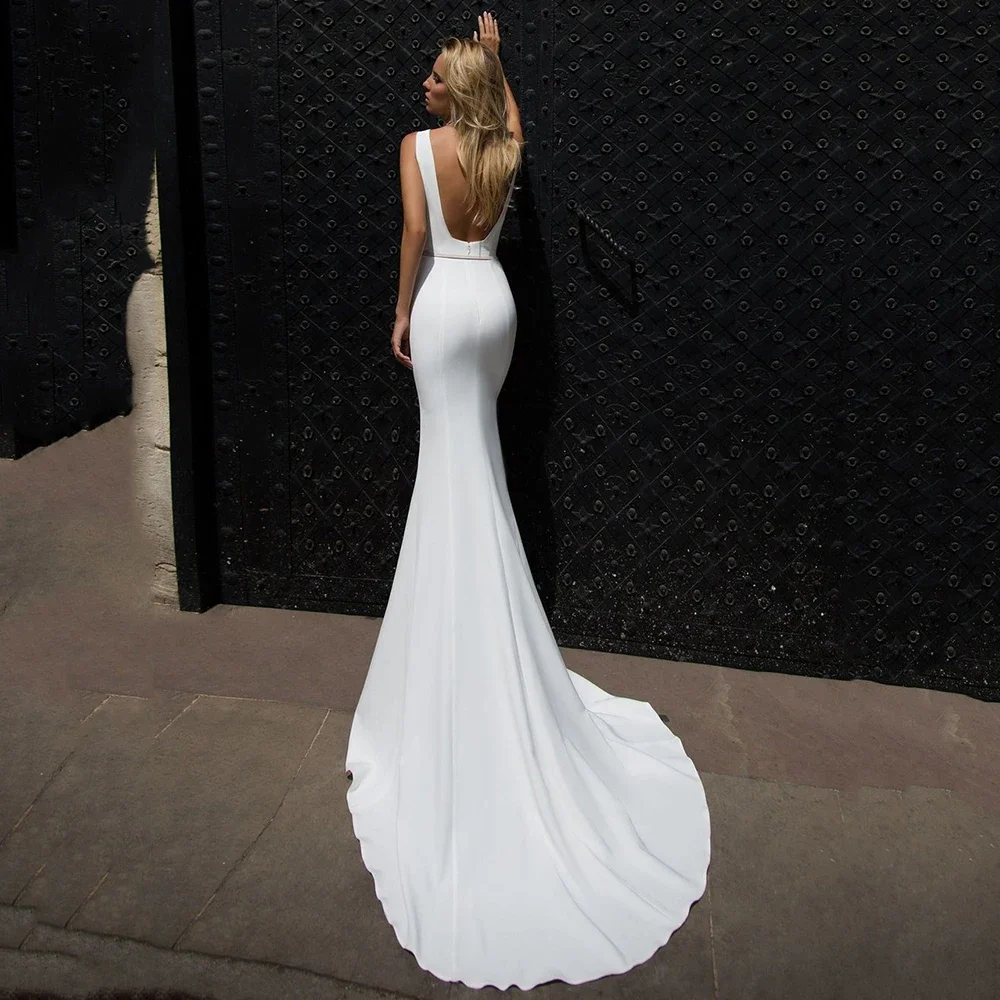 Elegant Simple Mermaid Wedding Dresses White Satin Square Neck Belt Bridal Dress Sexy Backless Sweep Train Vestidos De Novia