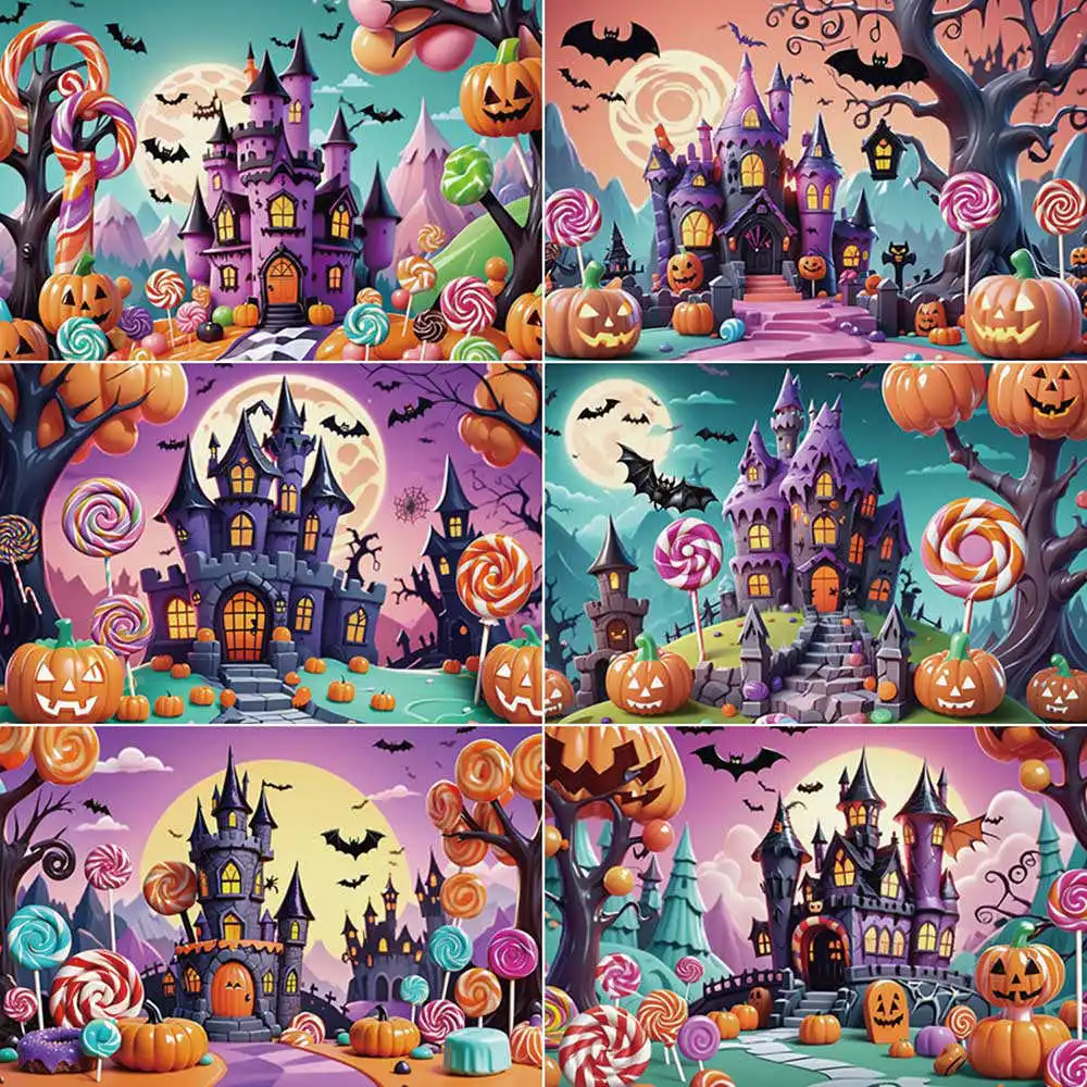 MOON.QG Halloween Background Photography Studio Candy Pumpkin Castle Photo Backdrop Baby Party Shooting Back Drop Accessories