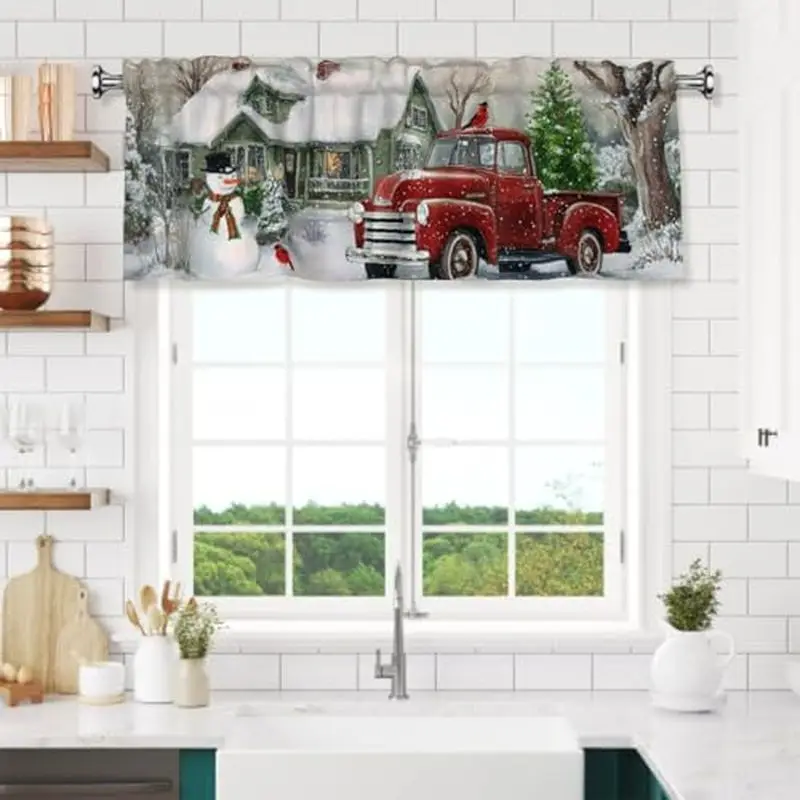VIKAMA Vintage Red Pickup Truck Snowman Cardinal Green Cottage Snowy Christmas Short Window Curtain Rustic Winter Home Decor