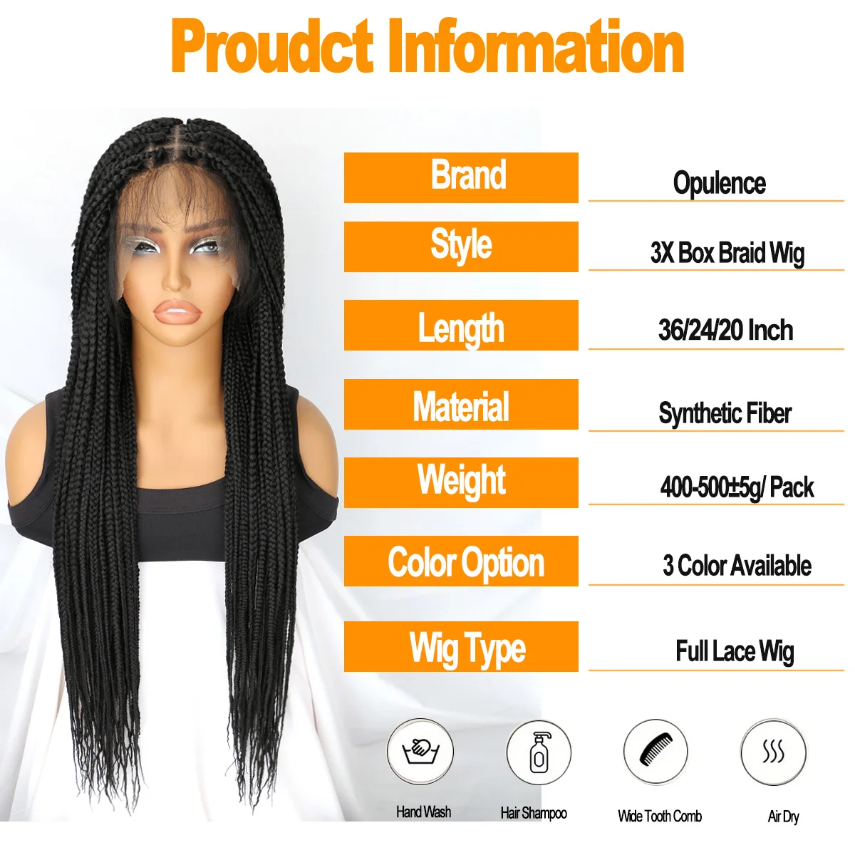 3X 박스 브레이드 가발 (베이비 헤어 포함) 여성용 노 매듭 브레이드 가발, 블랙 풀 레이스 브레이드, 프리미엄 합성 브레이드 풀 레이스 가발