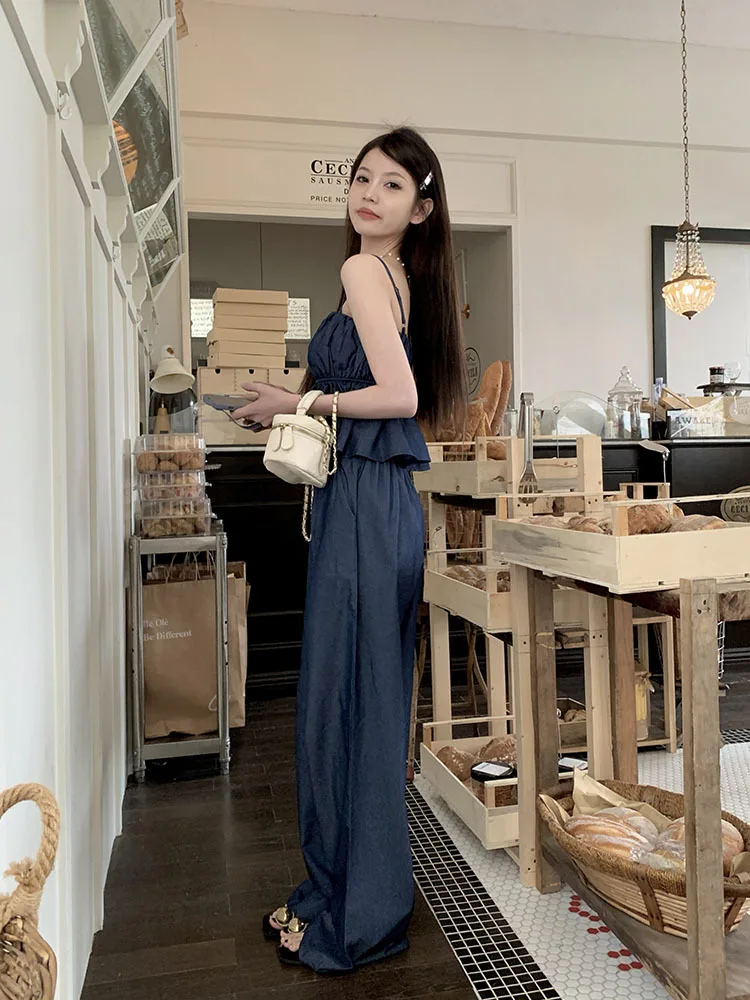 Denim Suit For Women\'s Summer Suspender Vest Wide Leg Pants Two-piece Set Trendy Sets For Women 2 Pieces Pant Sets