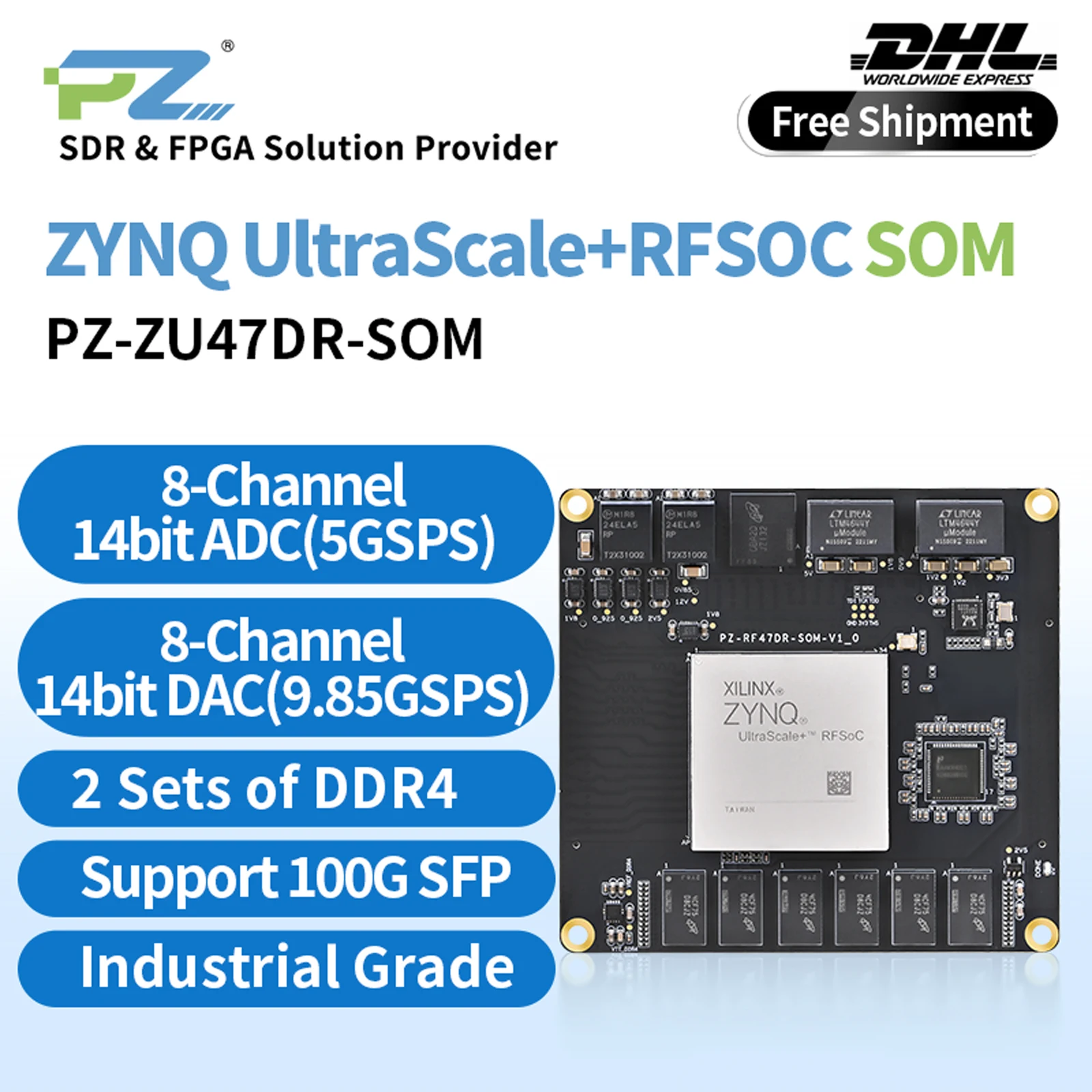 Puzhi PZ-ZU47DR-SOM FPGA Core Board Xilinx ZYNQ UltraScale+ RFSOC XCZU47DR FPGA SOM ADC 14bit 5Gsps DAC 14bit 9.85Gsps